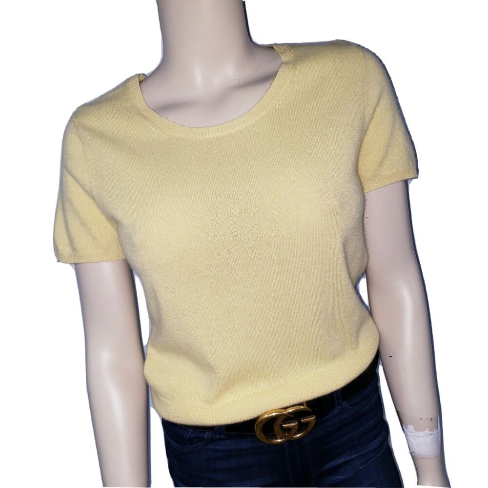 Bloomingdale's Butter Yellow Cashmere Sweater Womens Large Short Sleeve Crewneck